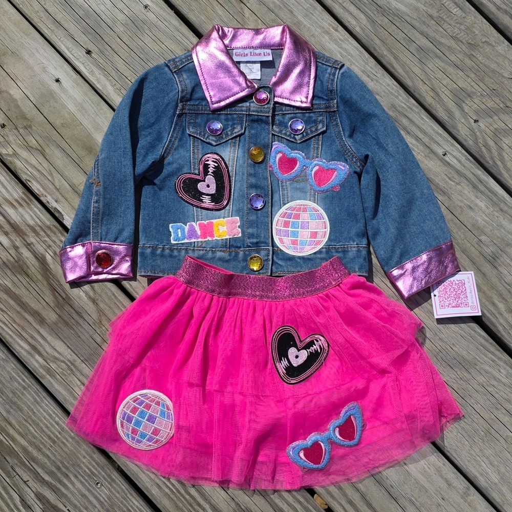 Girls Like Us 2T Denim Jacket and Pink Tutu Skirt Set Disco Dance Patches NEW